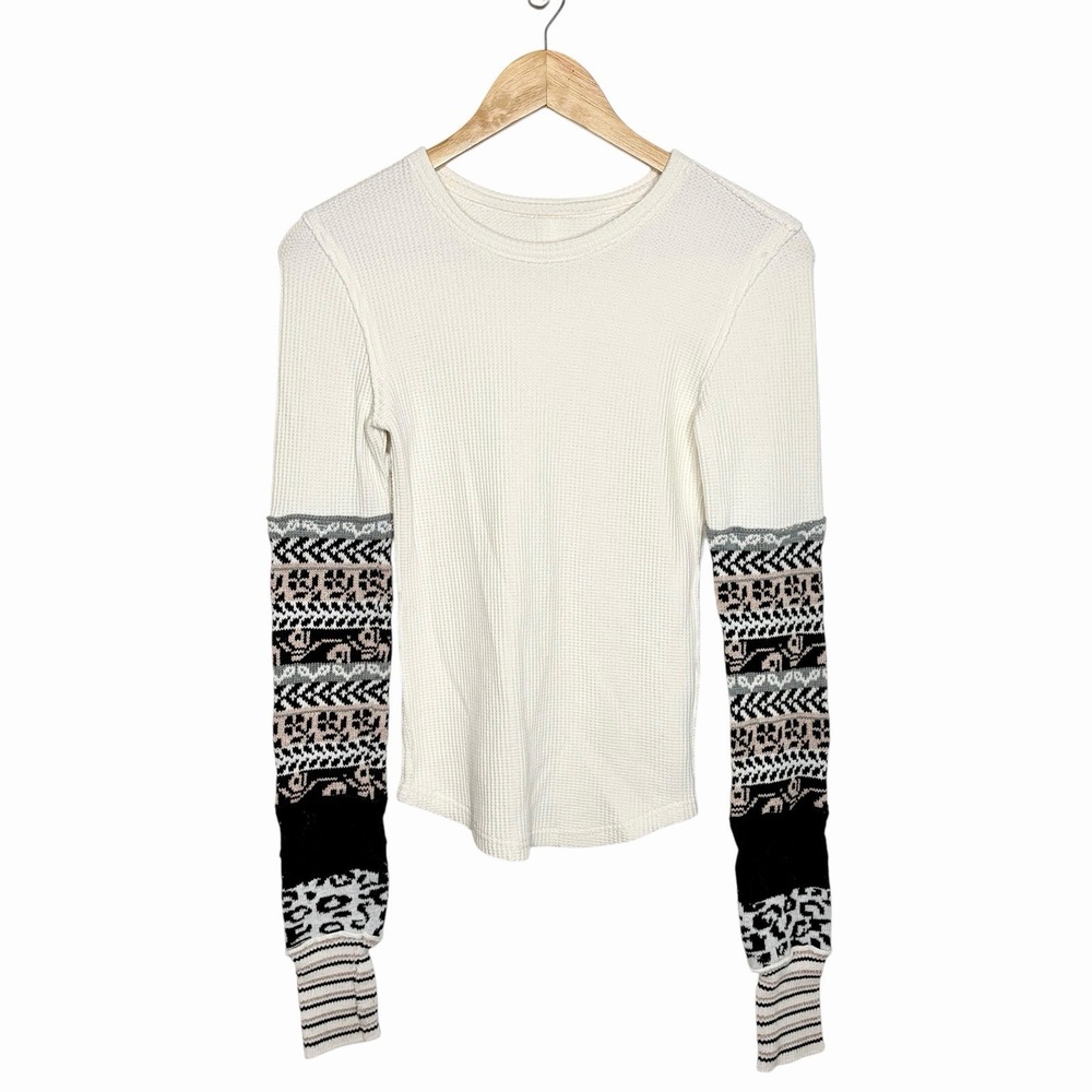 Free People All In Cuff Long Sleeve Thermal Waffle Knit Top Ivory Womens XS Boho